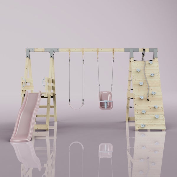 Spielturm aus Holz mit Kinderschaukel, Rutsche, Kletterwand und Strickleiter.