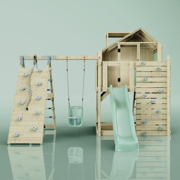 Spielturm aus Holz mit Rutsche, Schaukel und Kletterwand