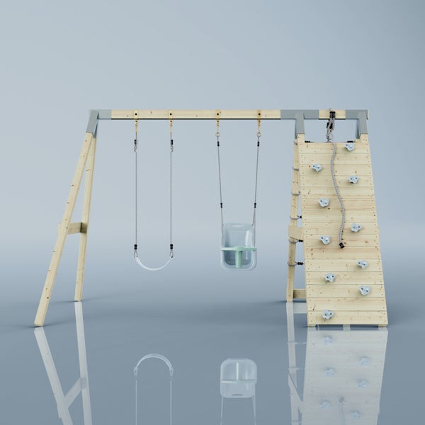 Schaukelgestell aus Holz mit Kletterwand, Klettersteinen und Seil sowie einer klassischen Schaukel und einer Babyschaukel.