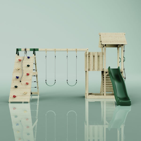 Spielturm mit Schaukel, Rutsche und Kletterwand aus Holz