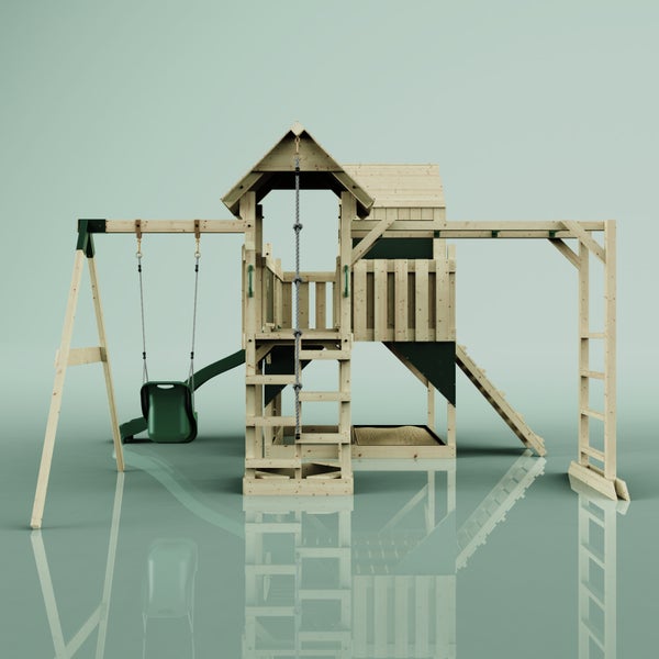 Spielanlage aus Holz mit Schaukel, Rutsche, Leiter und Sandkasten