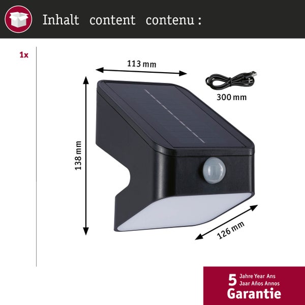 Produktverpackung einer Paulmann LED Leuchte mit Informationen zu Lieferumfang, Maßen, Garantie und Kunststofffreier Verpackung.