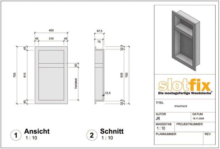 Technische Zeichnung der Slotfix Wandnische mit Maßangaben für die Montage.