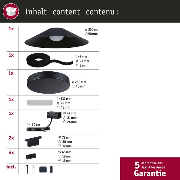 Lieferumfang einer Leuchte mit Schirm, Textilband, Deckenhalterung, Montagezubehör und 5 Jahre Garantie.