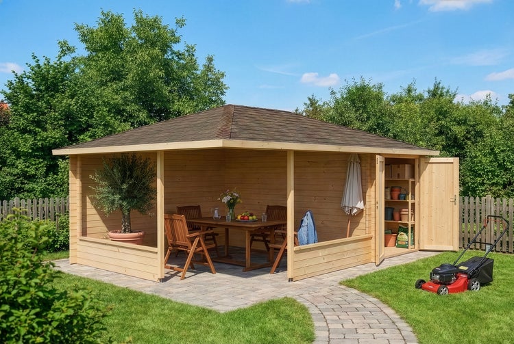 Holz-Gartenhaus mit überdachtem Sitzbereich, Holztisch, Stühlen und integriertem Geräteraum auf einer Gartenfläche mit Rasenmäher.