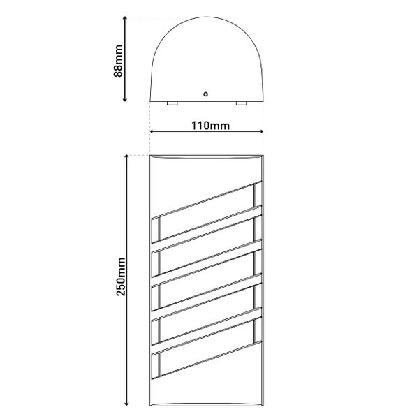 Technische Zeichnung einer Wandleuchte mit den Maßen 88 mm Höhe, 110 mm Breite und 250 mm Länge.