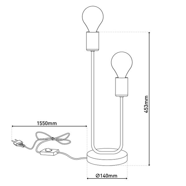 Technische Zeichnung einer Tischleuchte mit zwei Leuchten und den Maßen 453 mm Höhe und 1550 mm Kabellänge