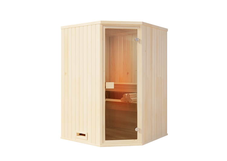 Infrarotkabine aus Holz mit Ganzglastür für den Eckinstieg, inklusive Sitzbank und Innenbeleuchtung.