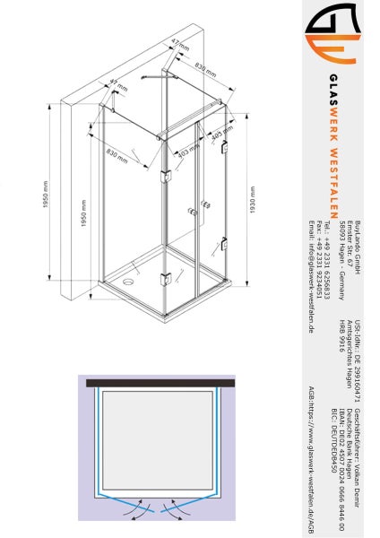 Technische Zeichnung einer Duschkabine mit Maßangaben