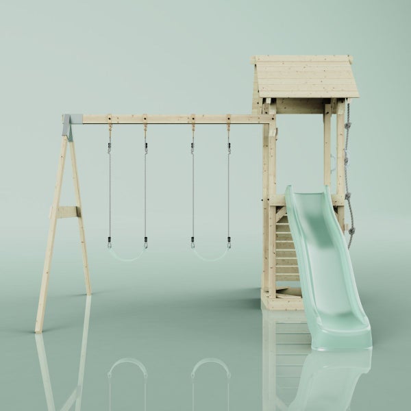 Spielturm mit Schaukel und Rutsche aus Holz