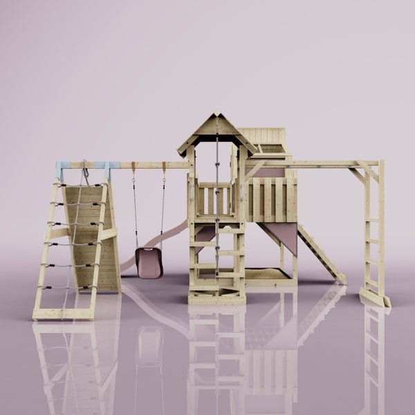 Spielturm aus Holz mit Rutsche, Schaukel, Kletterwand und Sandkasten