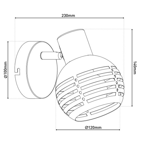 Technische Zeichnung einer Wandleuchte mit den Maßen 100 mm, 120 mm, 140 mm und 230 mm.