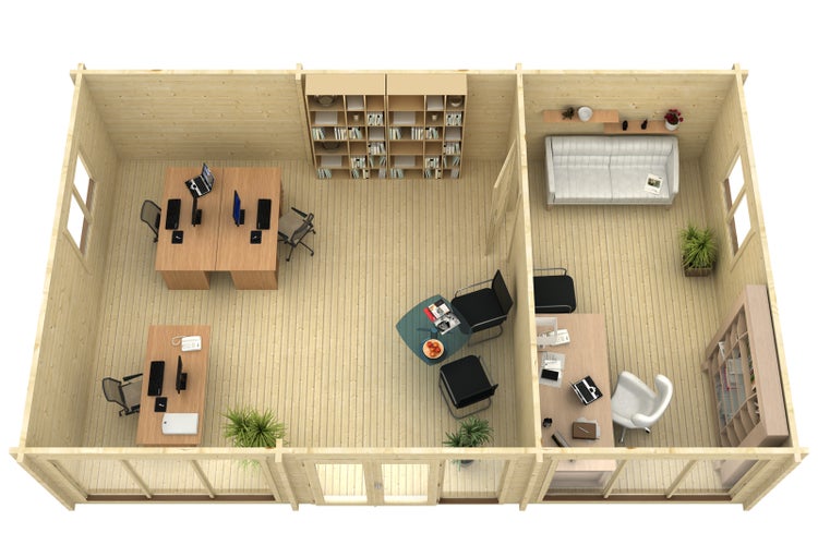 Draufsicht auf das Innere eines Gartenhauses aus Holz, eingerichtet als Büro mit Schreibtischen, Stühlen, Regalen und einer Sitzecke.