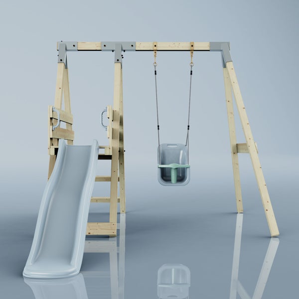 Spielturm aus Holz mit Rutsche und Babyschaukel, stabiler Holzrahmen mit Metallverbindungen, Leiter und Handläufe, organisierte Konstruktion.