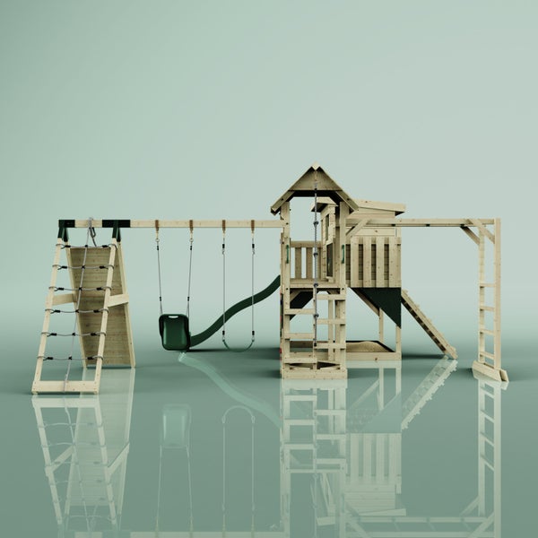 Spielplatz mit Schaukel, Rutsche, Kletterwand und Spielhaus aus Holz.