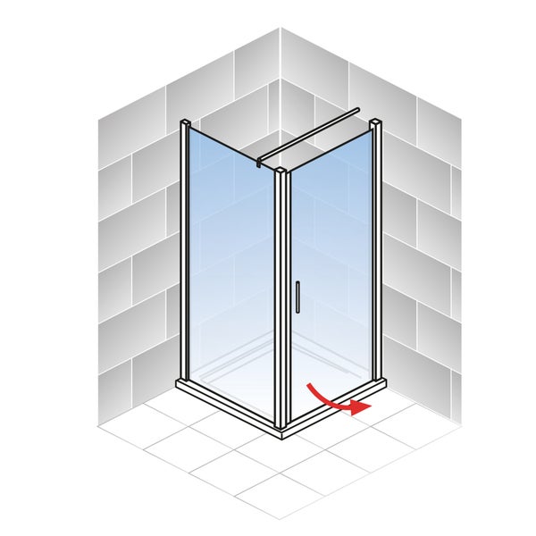 Eckdusche mit Drehtür und Seitenwand aus Glas, inklusive Stabilisierungsstange, Einbausituation in einer Fliesenecke.