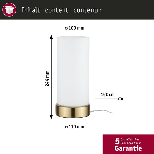 Technische Zeichnung einer Außenwandleuchte mit vier Komma fünf Watt Leistung und Schutzart IP44 sowie fünf Jahren Garantie.
