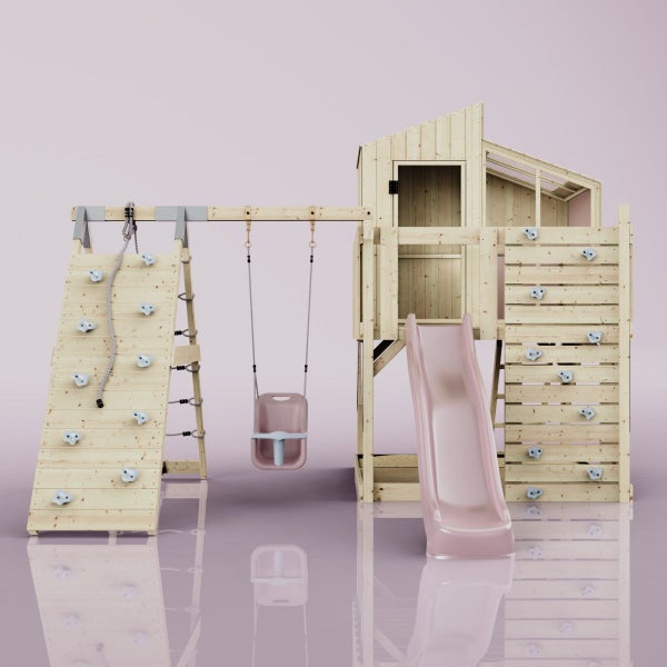 Spielturm mit Rutsche, Schaukel und Kletterwand für den Außenbereich