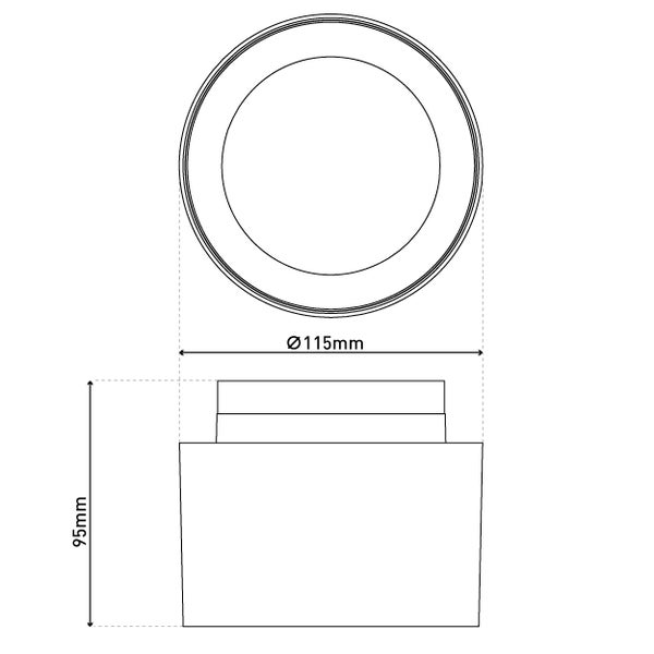 Zeichnung einer Leuchte mit den Maßen 115 mm Durchmesser und 95 mm Höhe