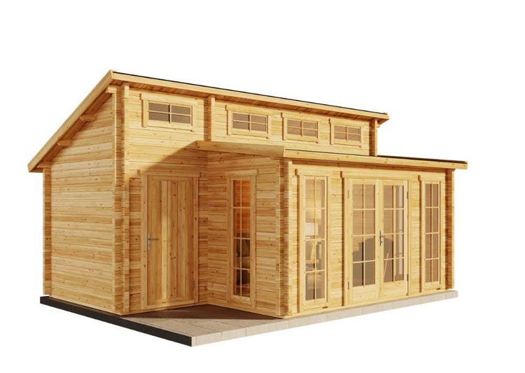 Modernes Gartenhaus aus Massivholz mit Pultdach, Fenstern und Doppeltüren für den Garten