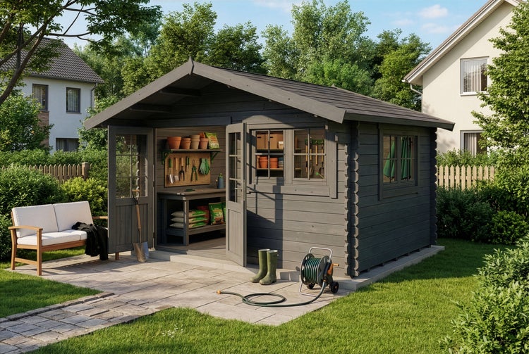 Gartenszene mit Gerätehaus, Gartenmöbeln und Gartengeräten.
