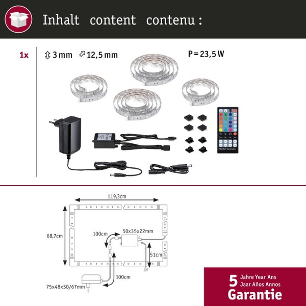Infografik zum MaxLED 250 LED Streifen mit Klebeband, 30 LEDs pro Meter, Schnittmarkierung alle 16,7 Zentimeter und Steckverbindern.