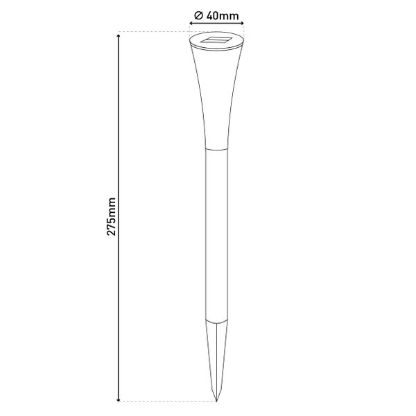 Illustration einer Solarleuchte mit Erdspieß und den Maßen 275 mm Höhe und 40 mm Durchmesser