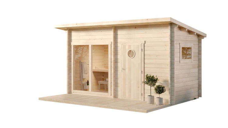 Gartensauna aus Holz mit Pultdach, großer Glasfront, Holztür mit Rundfenster und einer kleinen Terrasse.
