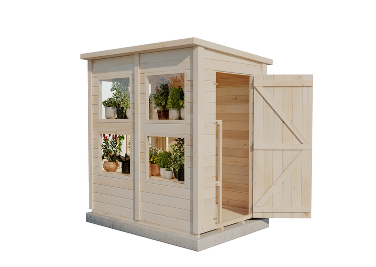 Gartenhaus aus Holz mit Pultdach, vier Fenstern und geöffneter Tür, inklusive Regalen für Pflanzen im Innenraum.