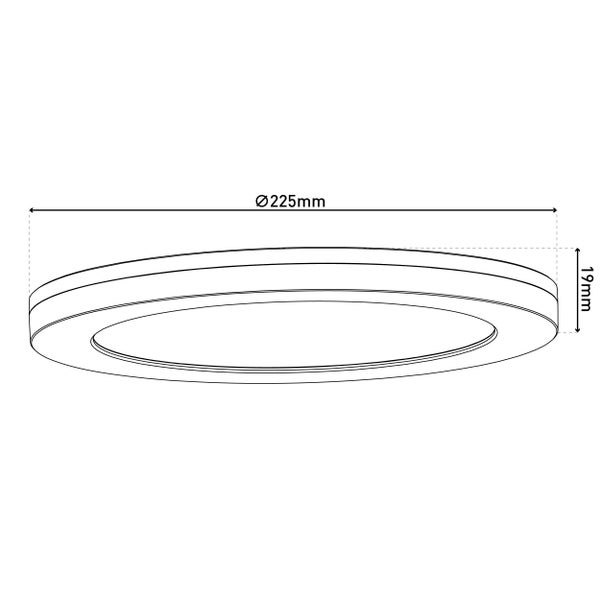 Skizze einer Deckenleuchte mit den Maßen 225 mm Durchmesser und 19 mm Höhe
