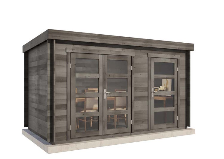 Modernes Gartenhaus aus grauem Holz mit Flachdach, einer Doppeltür und einer Einzeltür mit Glaseinsätzen.