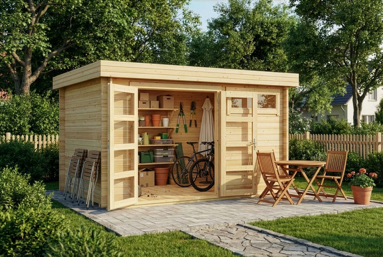 Gartenhaus aus hellem Holz mit Flachdach und Doppeltür, Innenraum mit Regalen und Fahrrädern, davor eine Sitzgruppe auf gepflasterter Terrasse.