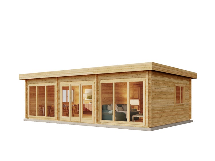 Grundriss eines Gartenhauses aus Holz mit zwei Räumen, eingerichtet als Wohnzimmer und Essbereich, offene Dachansicht, helle und strukturierte Räume.