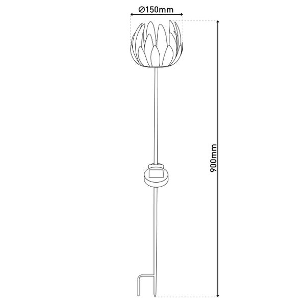 Dimensionszeichnung der Solarleuchte mit einer Höhe von 900 mm und einem Durchmesser von 150 mm.