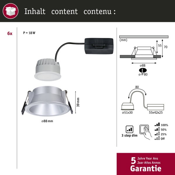 Set aus 6 LED Einbaustrahlern mit 18 Watt Leistung, 3 Stufen Dimmfunktion und 5 Jahren Garantie, inklusive technischer Maßzeichnung.