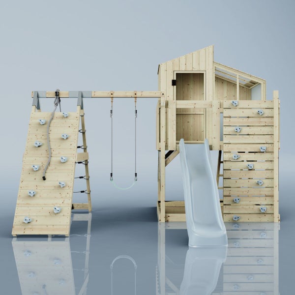 Spielturm aus Holz mit Rutsche, Schaukel und Kletterwand