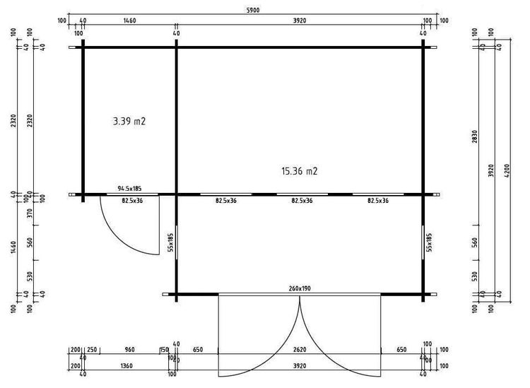 Grundriss eines Gartenhauses mit zwei Räumen, Maßen in Millimetern und Flächen in Quadratmetern. Breite 5900 Millimeter, Tiefe 4200 Millimeter.