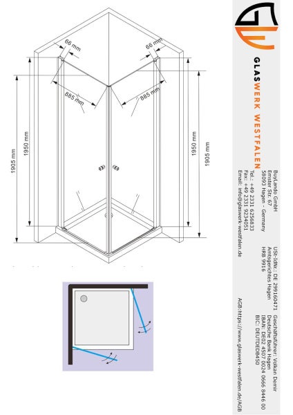 Technische Zeichnung einer Duschkabine mit Maßangaben