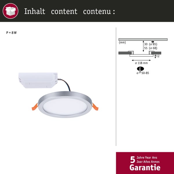 Quadratische LED Deckenleuchte mit dreistufiger Dimmfunktion und Maßangaben sowie technischen Details des Leuchtmoduls und Installationshinweisen.