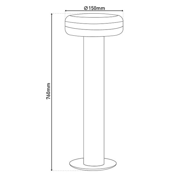 Abbildung einer Pollerleuchte mit den Maßen 760 mm Höhe und 150 mm Durchmesser