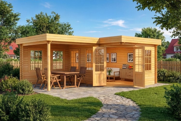 Holzgartenhaus mit Flachdach, Terrasse inklusive Sitzgruppe und verglastem Innenraum in einer hellen Gartenanlage.