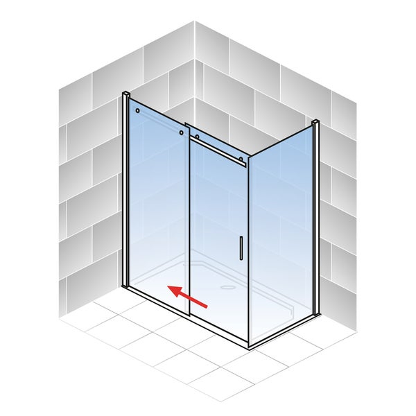 Eckduschkabine mit Schiebetür und festem Seitenteil auf Duschwanne in gefliester Ecke.