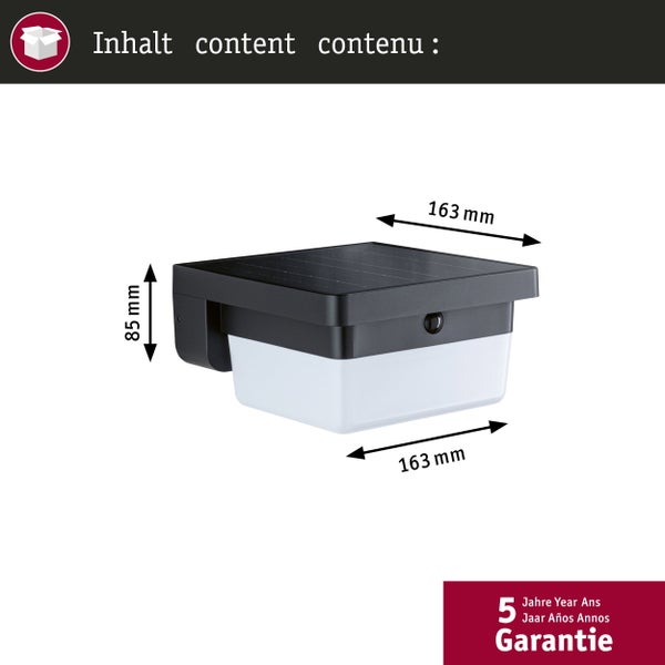 Solar-Wandleuchte mit den Maßen: Höhe 85 Millimeter, Breite 163 Millimeter, Tiefe 163 Millimeter.