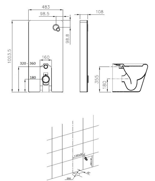 Technische Zeichnung eines Vorwandelements mit WC-Abmessungen