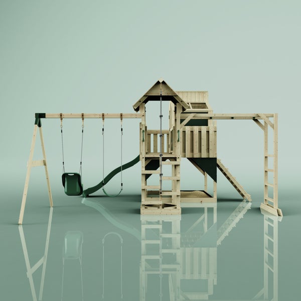 Spielplatz aus Holz mit Schaukel, Rutsche, Kletterwand und Sandkasten