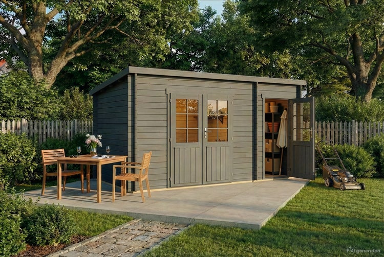 Gartenhaus aus Holz mit Pultdach und Flügeltüren auf einer Terrasse, davor ein Holztisch mit Stühlen und daneben ein Rasenmäher im Garten.