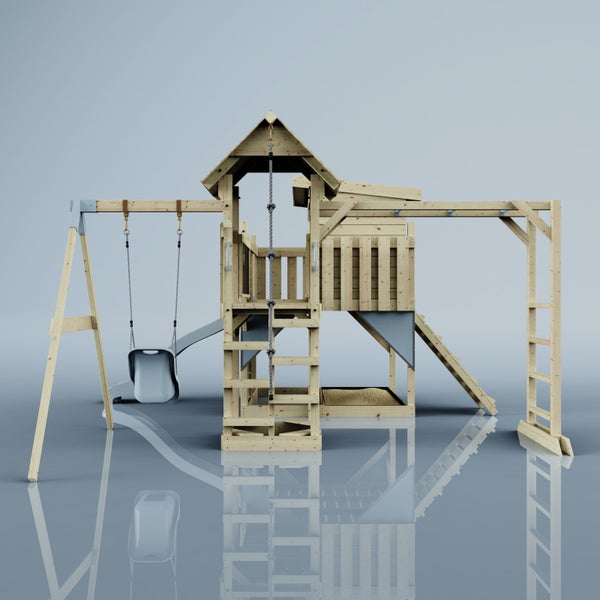 Spielturm aus Holz mit Schaukel, Rutsche und Kletterleiter für den Garten