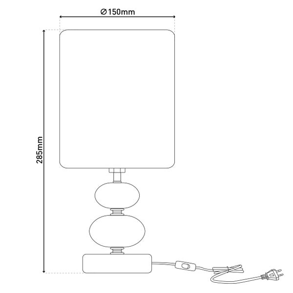 Technische Zeichnung einer Tischleuchte mit den Maßen 285 mm Höhe und 150 mm Durchmesser