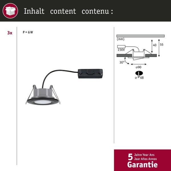 Set mit 3 LED Einbaustrahlern 6 Watt mit technischer Zeichnung und 5 Jahren Garantie