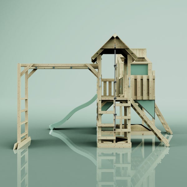 Spielturm aus Holz mit Rutsche, Kletterwand und Sandkasten